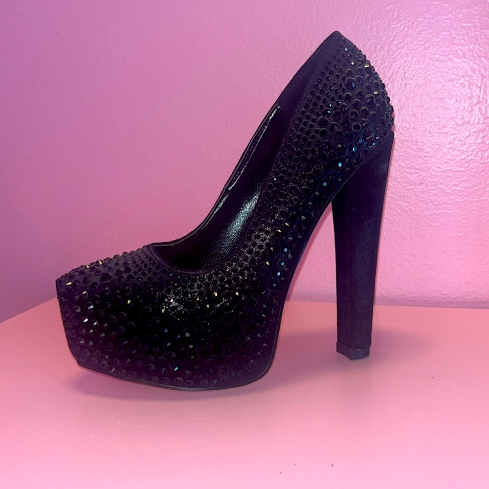 De Blossom Collection Black Crystal Embellished Platform Pumps